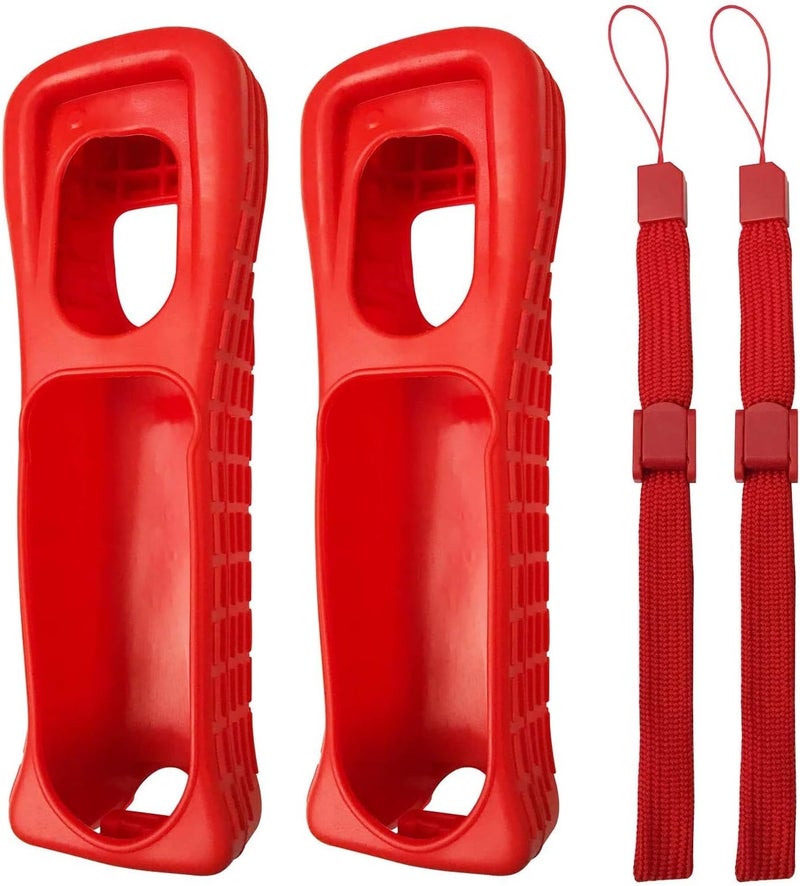 2 x Silicone Skin Case Cover with Wrist Strap for Wii Remote Controller (Red)